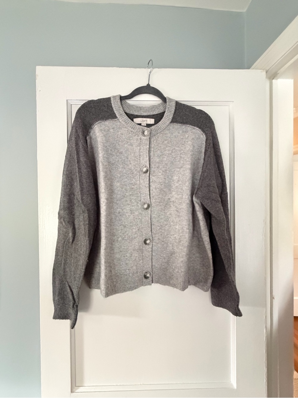 LOFT Two-Tone Gray Crewneck Button Cardigan